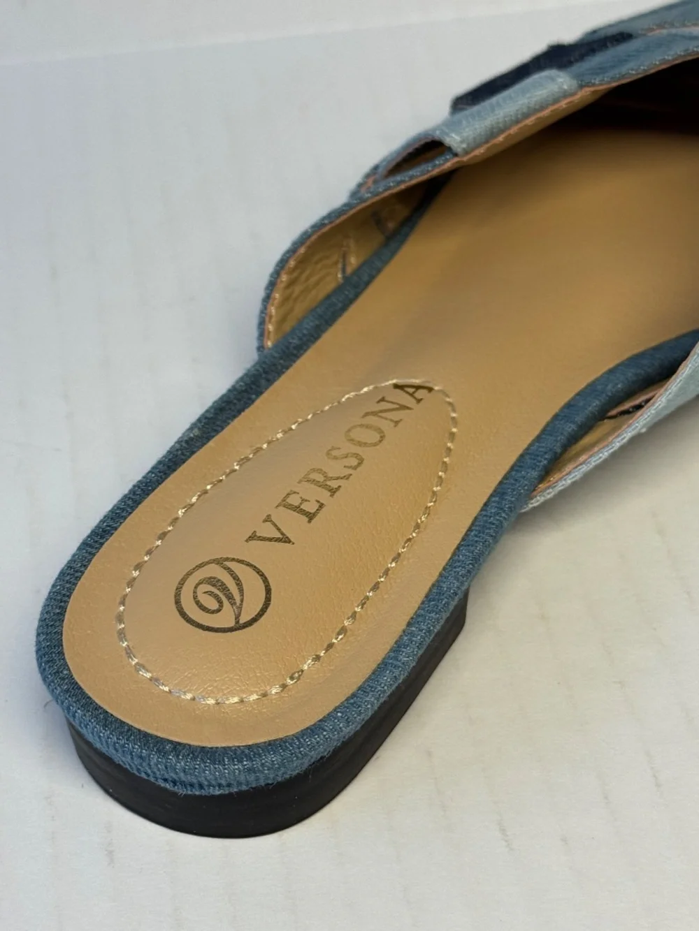 Woven Denim Mule Slides | Pointed Toe Flats | Size 6 | Blue Patchwork